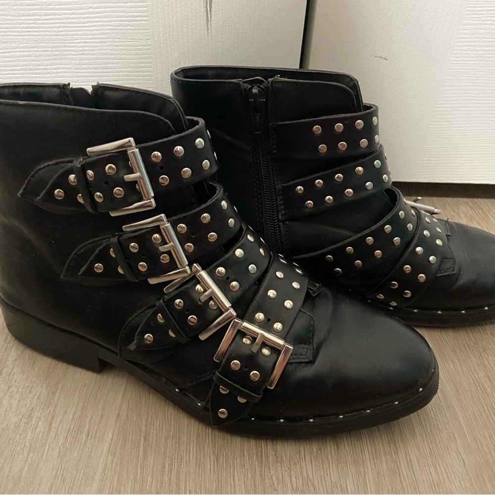 Black Combat Boots with Studded Design and Buckles